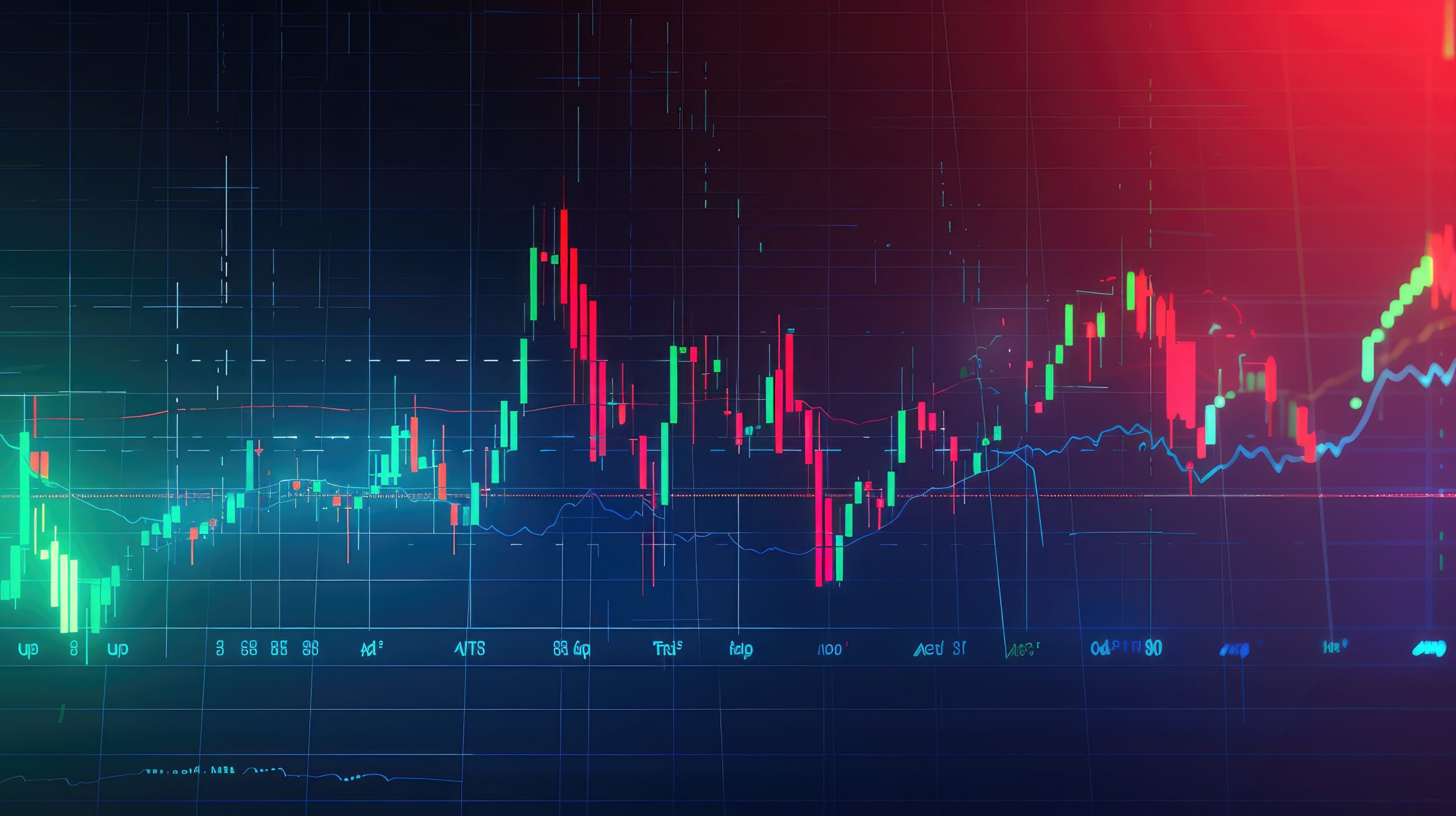 Technical price graph and indicator, red and green candlestick chart on blue theme screen, market volatility, up and down trend. Stock trading, crypto currency background.